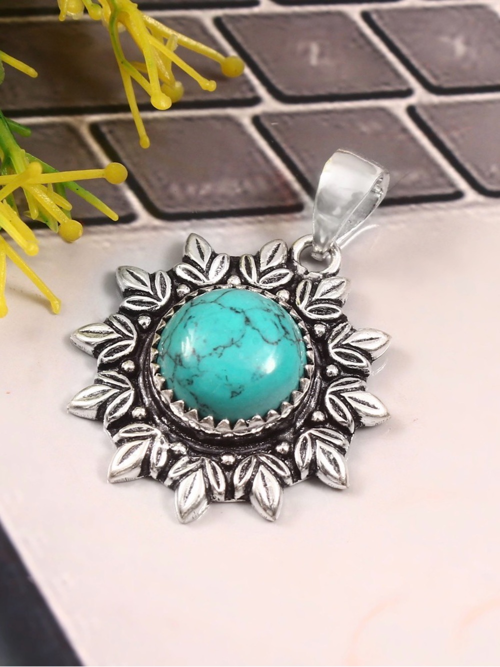 Handmade Sterling Silver Turquoise Flower Pendant - Picture 3 of 3